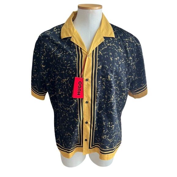 NWT Men's Hugo Boss yellow black oversized casual print shirt size 2XL